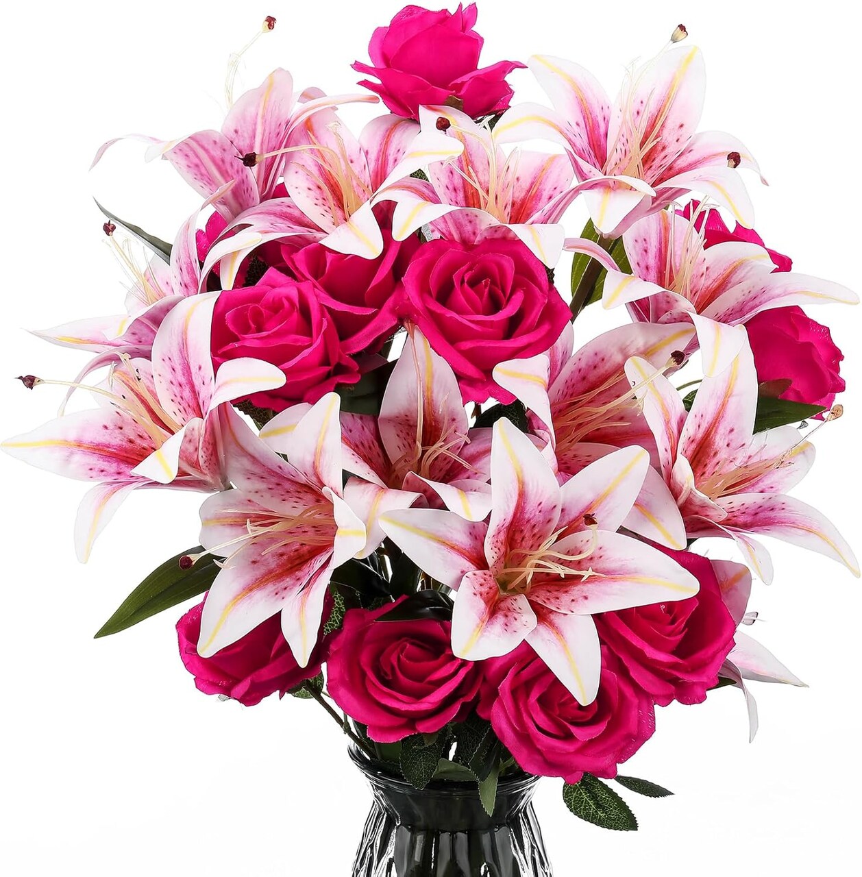 20PCS Artificial Lily and Rose Bouquet – Realistic Silk Pink Roses & Champagne Lilies Long Stem Fake Flowers for Wedding, Mother’s Day, Bridal, Party & Table Centerpiece Decoration